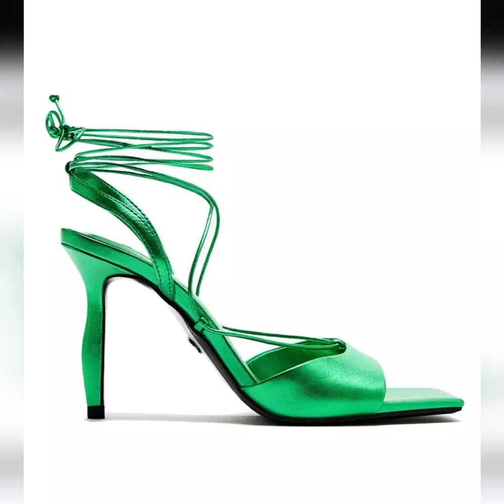 NWOT Zara Metallic Green Lace-up Leather Sandals, Size 7.5 - Picture 5 of 17